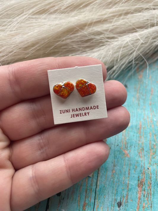 Handcrafted Sterling Silver & Orange Opal Inlay Heart Stud Earrings