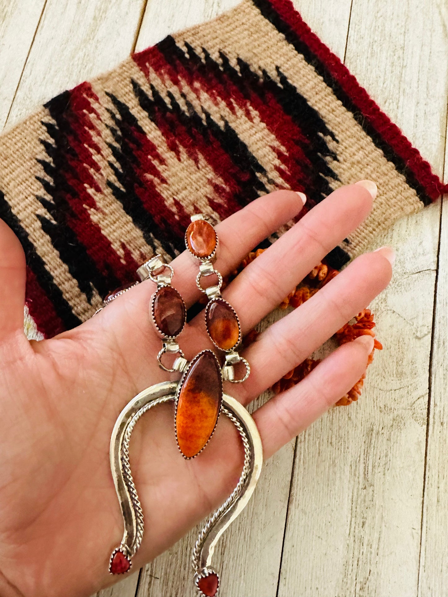 Handcrafted Sterling Silver & Orange Spiny Beaded Naja Necklace