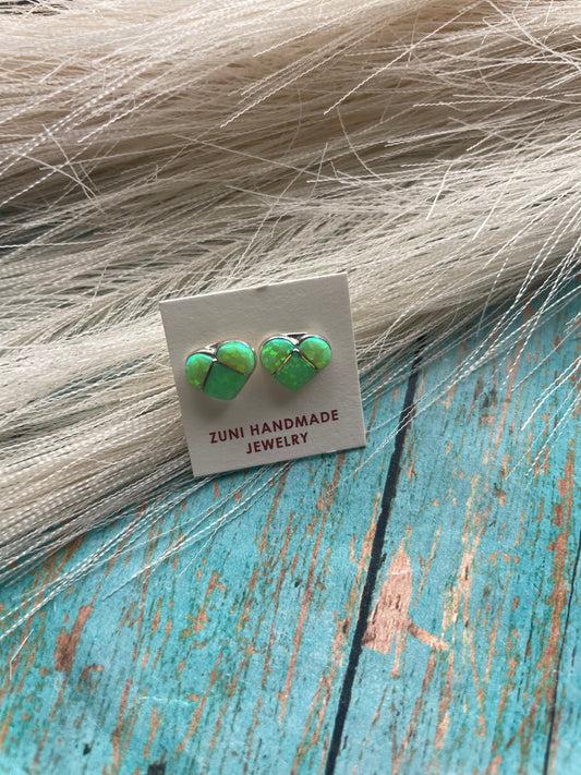 Handcrafted Sterling Silver & Green Opal Inlay Heart Stud Earrings
