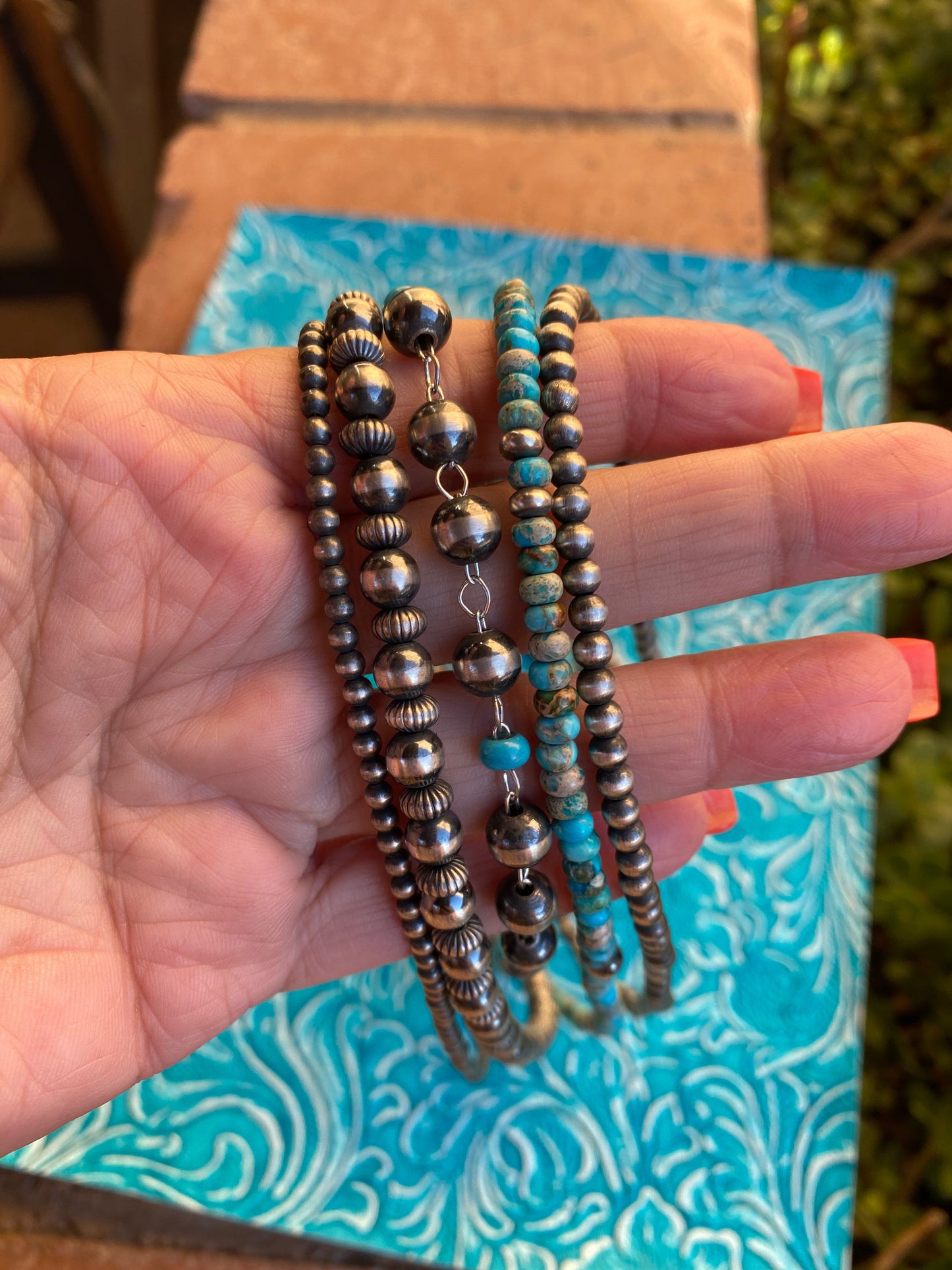 Handcrafted Turquoise & Sterling Silver 5 strand Beaded Necklace