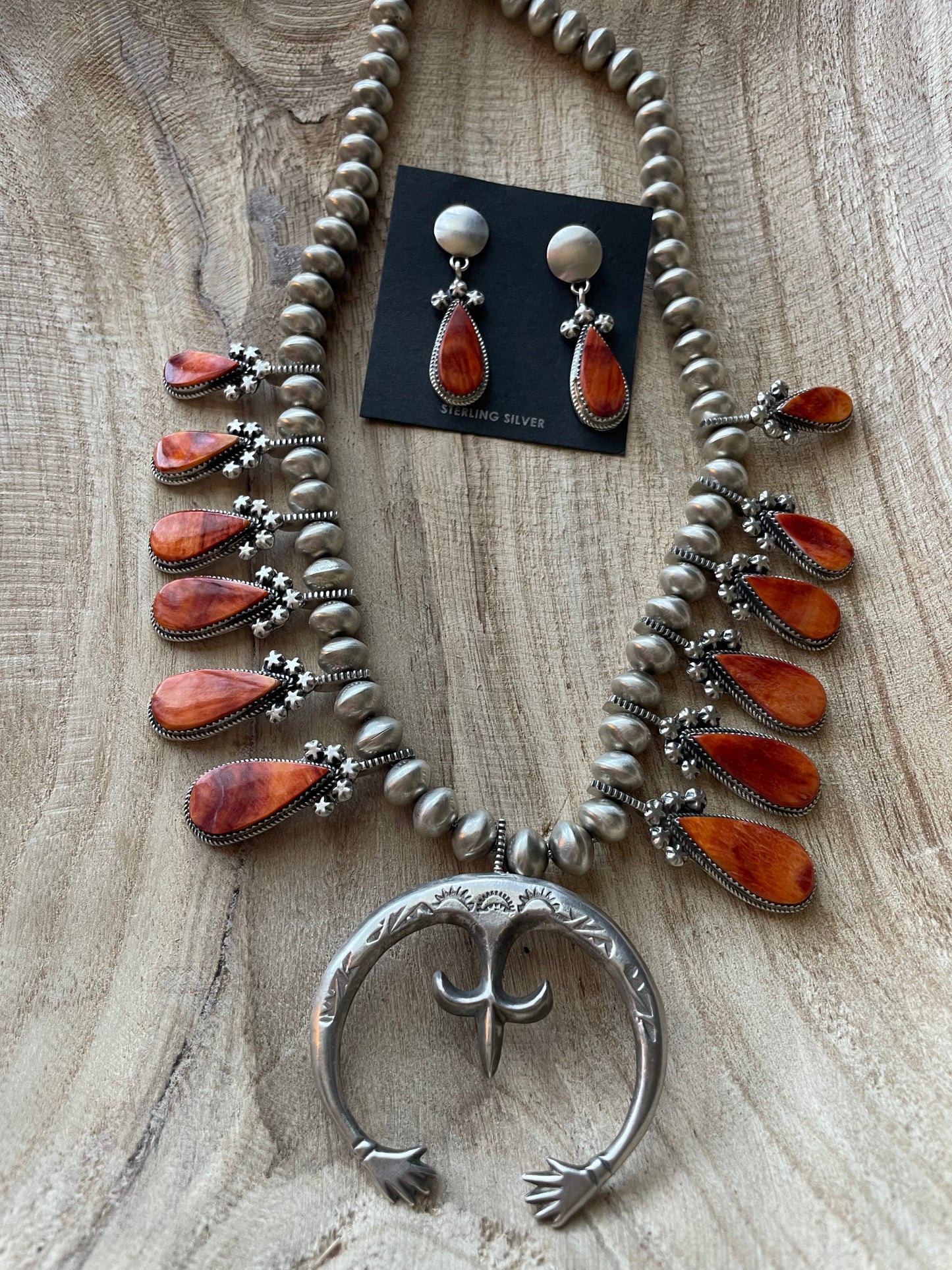 Handcrafted Orange Spiny And Sterling Silver Squash Blossom Necklace Earrings Set By Selena Warner
