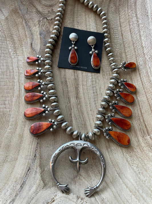 Handcrafted Orange Spiny And Sterling Silver Squash Blossom Necklace Earrings Set By Selena Warner