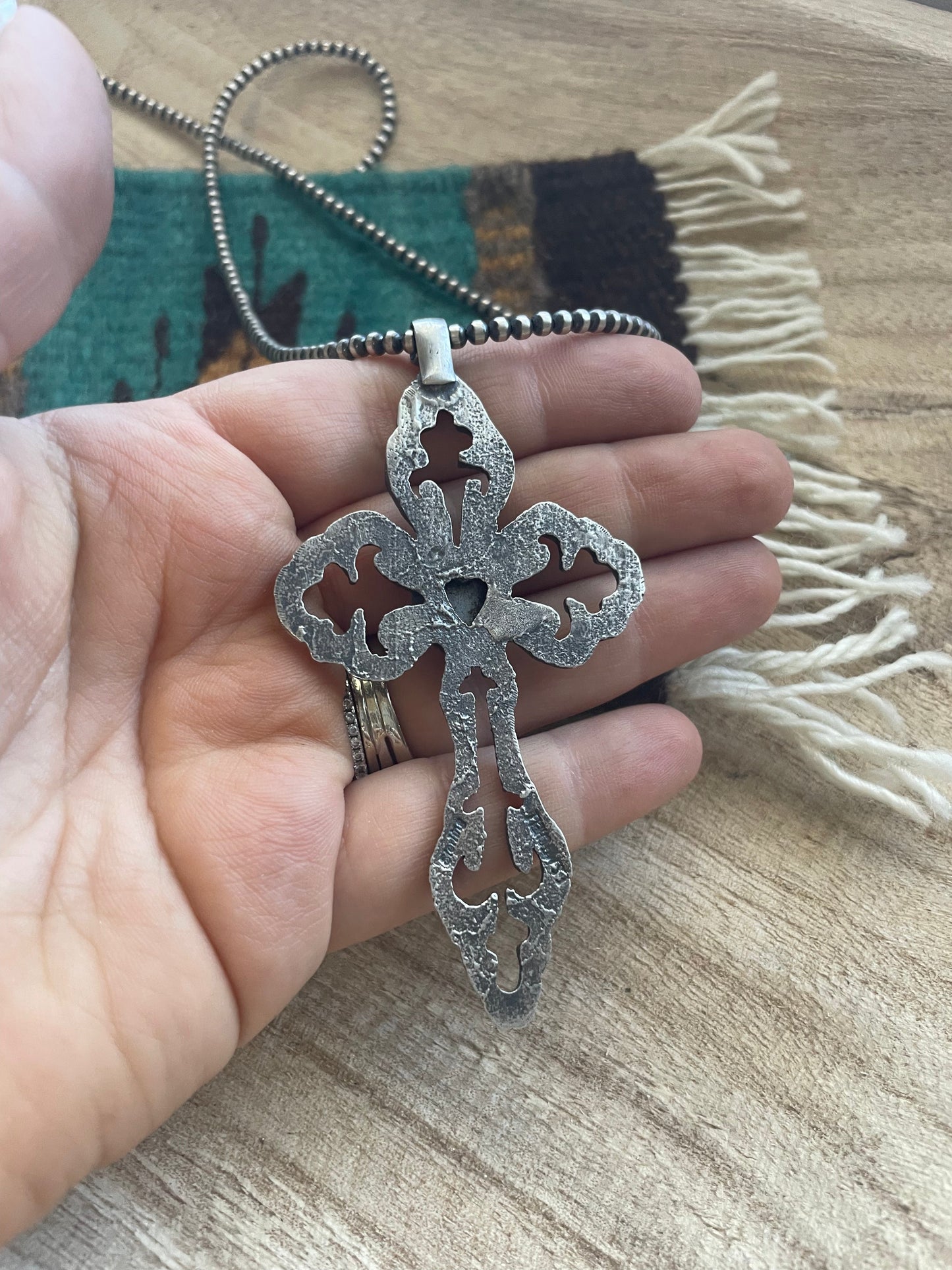 Handcrafted Sterling Silver & Turquoise Cross Pendant Signed Eugene Mitchell