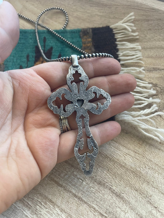 Handcrafted Sterling Silver & Turquoise Cross Pendant Signed Eugene Mitchell