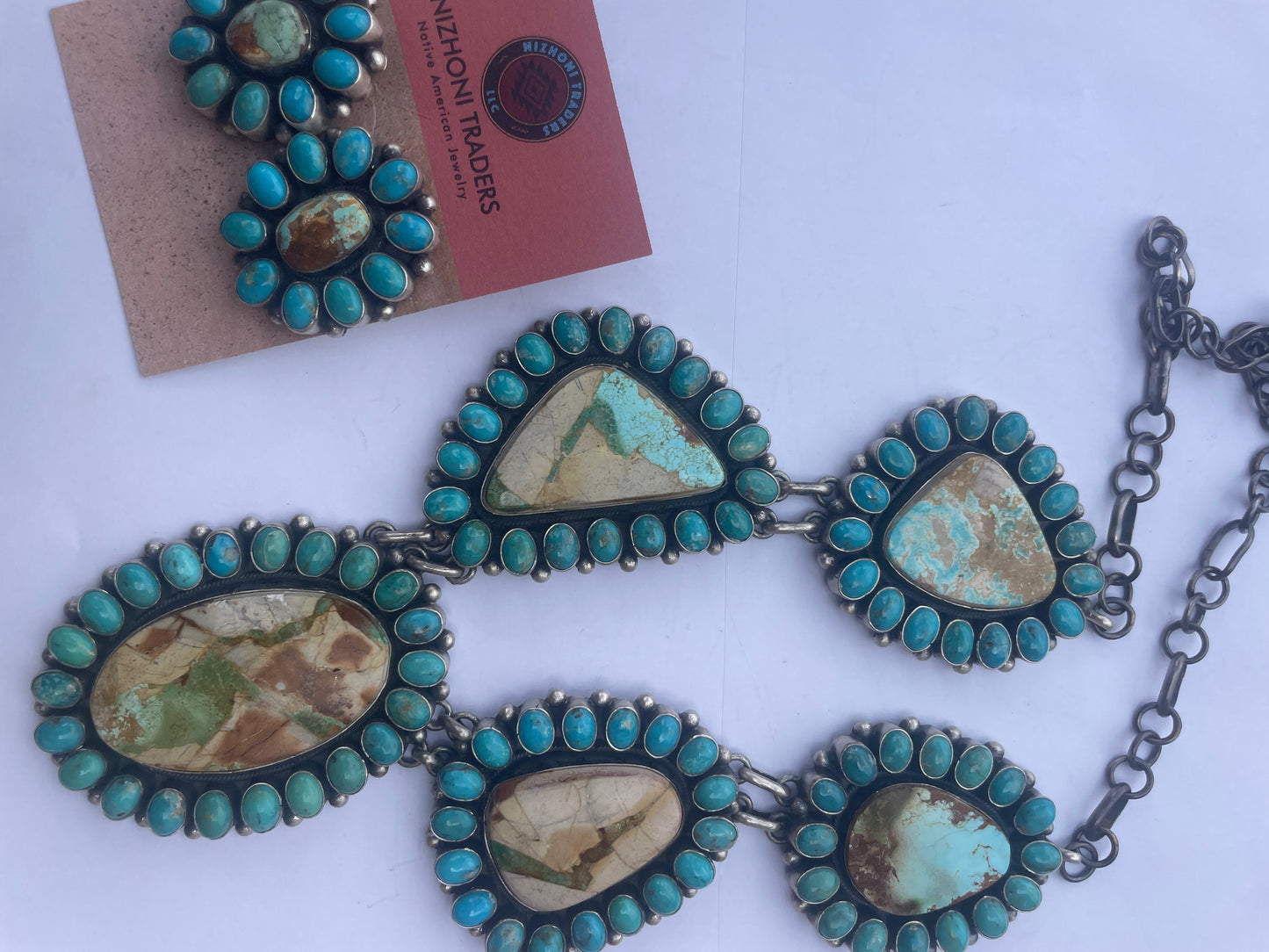 Handcrafted Sterling Silver Turquoise Necklace & Earring Set Signed B Yellowhorse