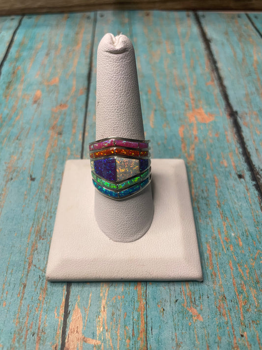 Handcrafted Multi Stone Opal & Sterling Silver Wide Band Ring Signed