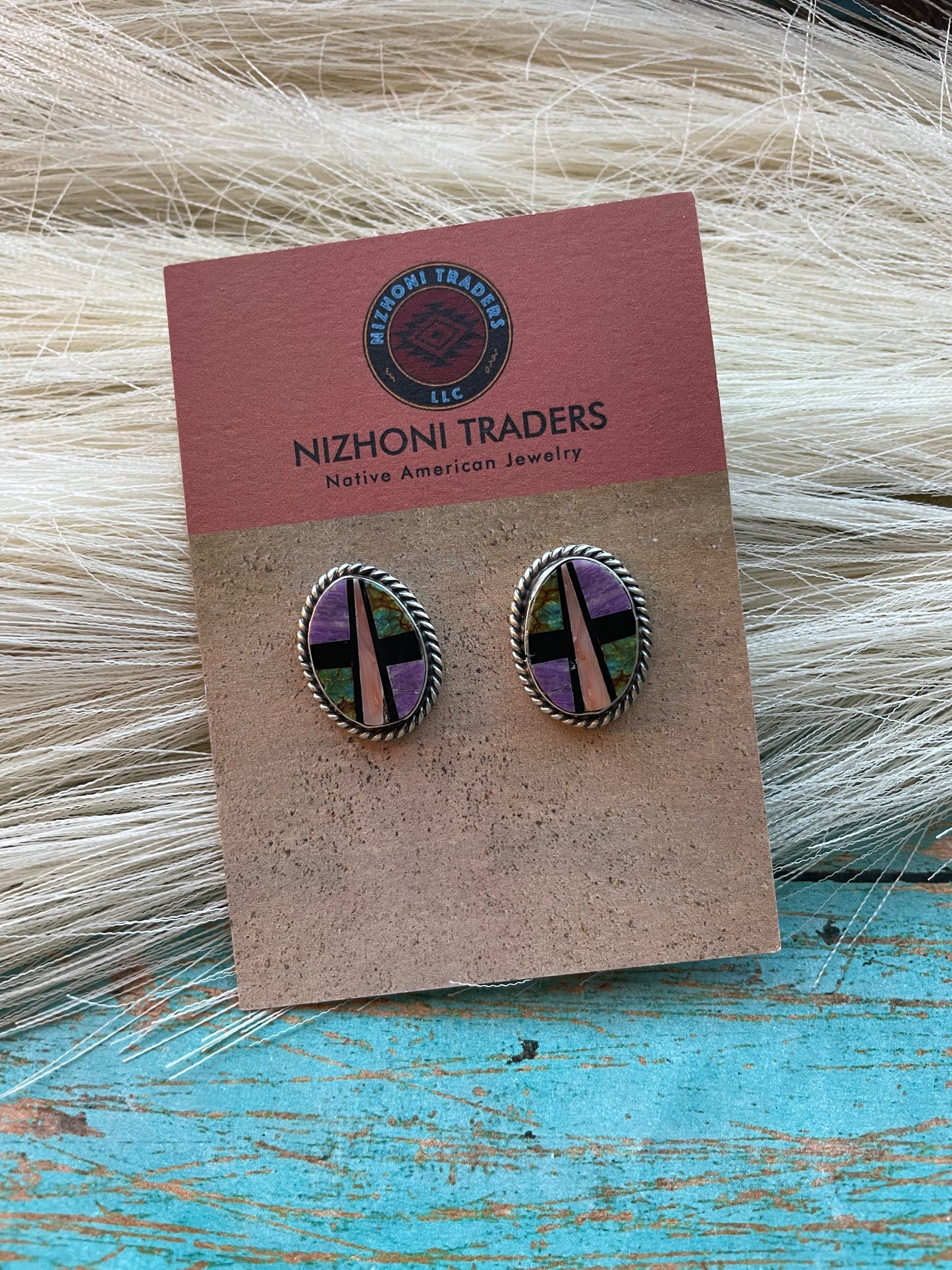 Handcrafted Multi Stone And Sterling Silver Inlay Oval Earrings Signed