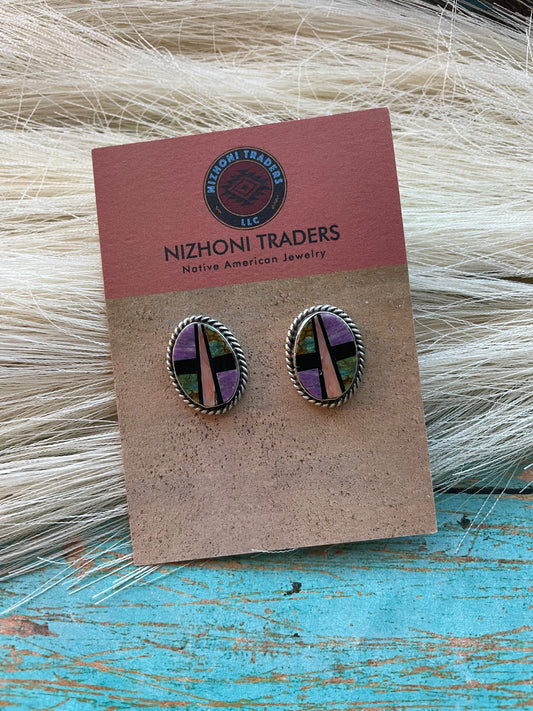 Handcrafted Multi Stone And Sterling Silver Inlay Oval Earrings Signed