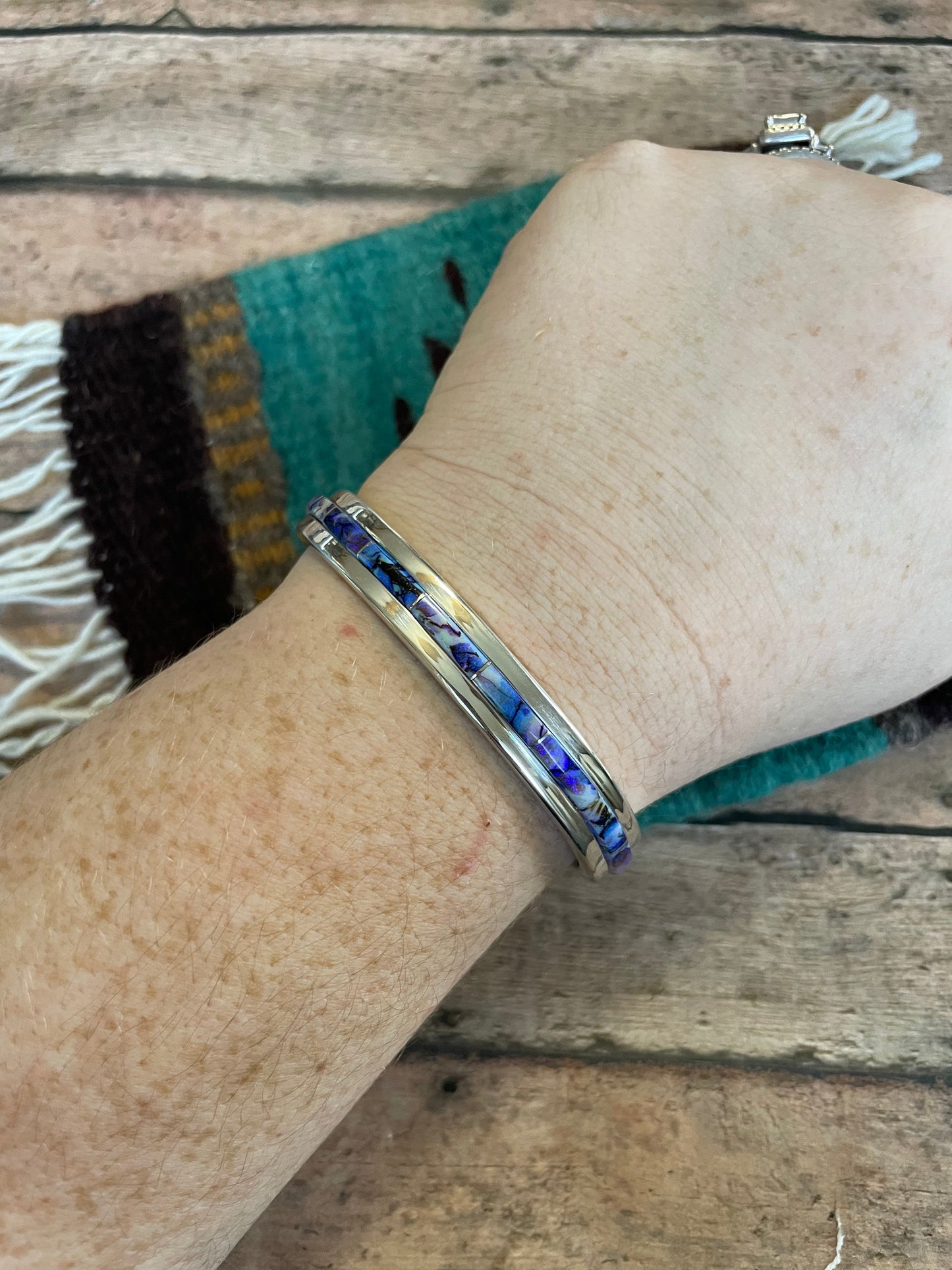 Handcrafted Handmade Sterling & Blue Opal Web Inlay Cuff Bracelet /