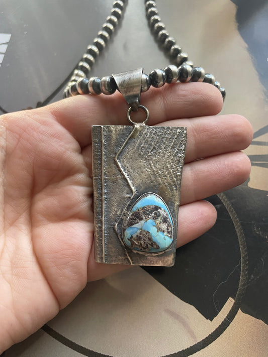 Handcrafted Golden Hills Turquoise & Tufa Cast Pendant Signed
