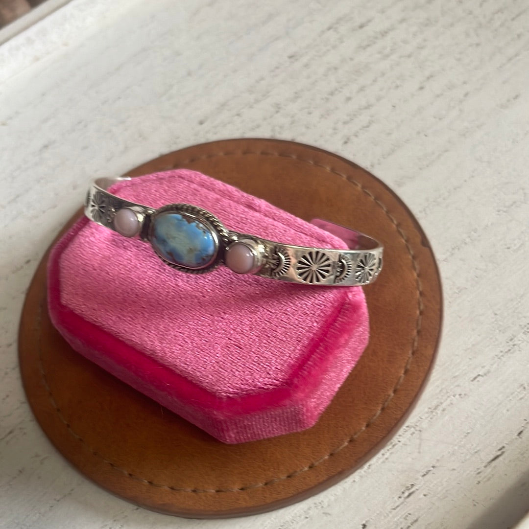 “The Goldie” Handmade Sterling Silver, Golden Hills, & Pink Conch Adjustable Cuff Bracelet