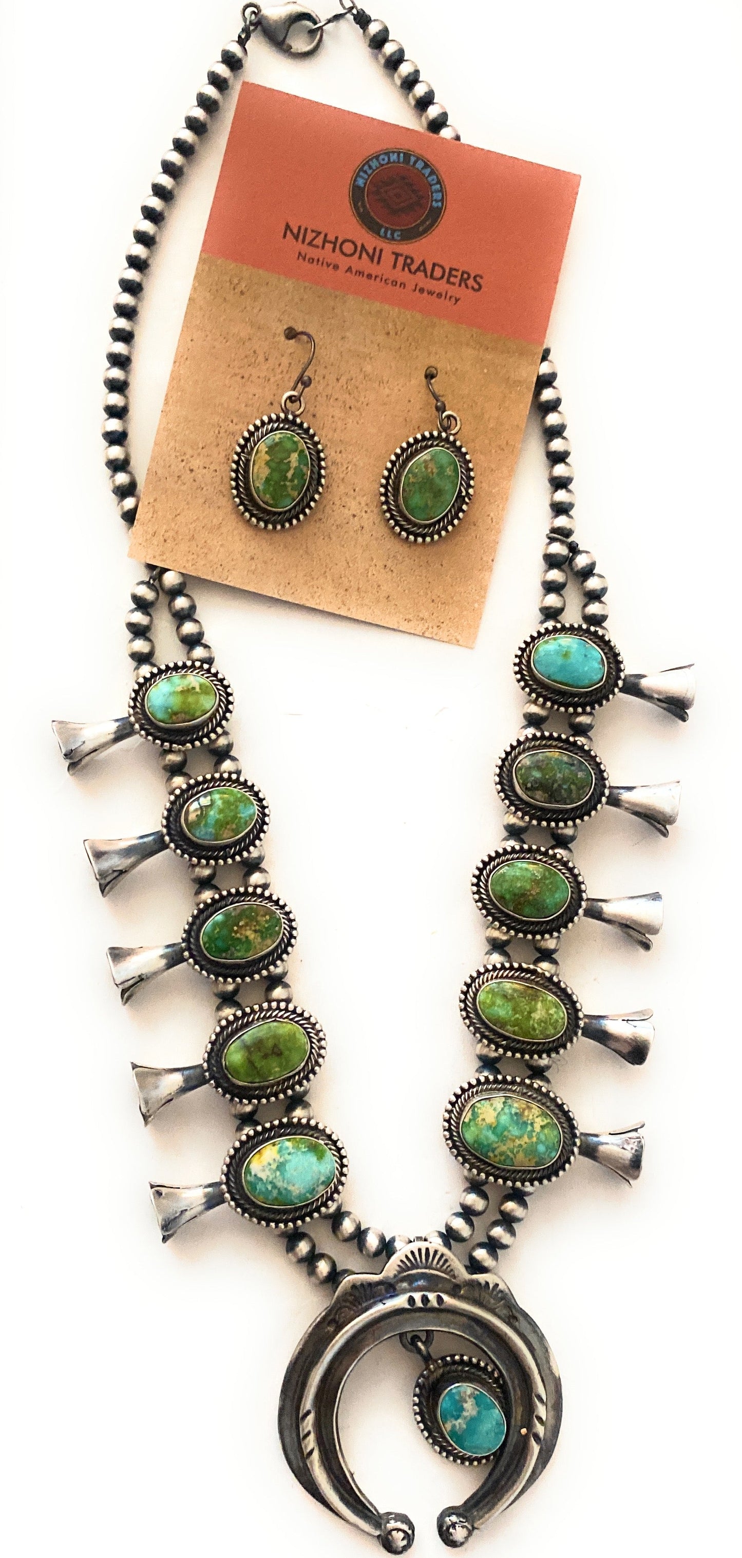 Navajo Sonoran Gold Turquoise & Sterling Silver Squash Blossom Necklace Set