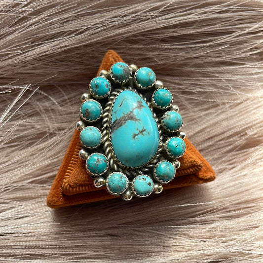 Handcrafted Turquoise & Sterling Silver Ring Size 8.5 Signed Robert Shakey