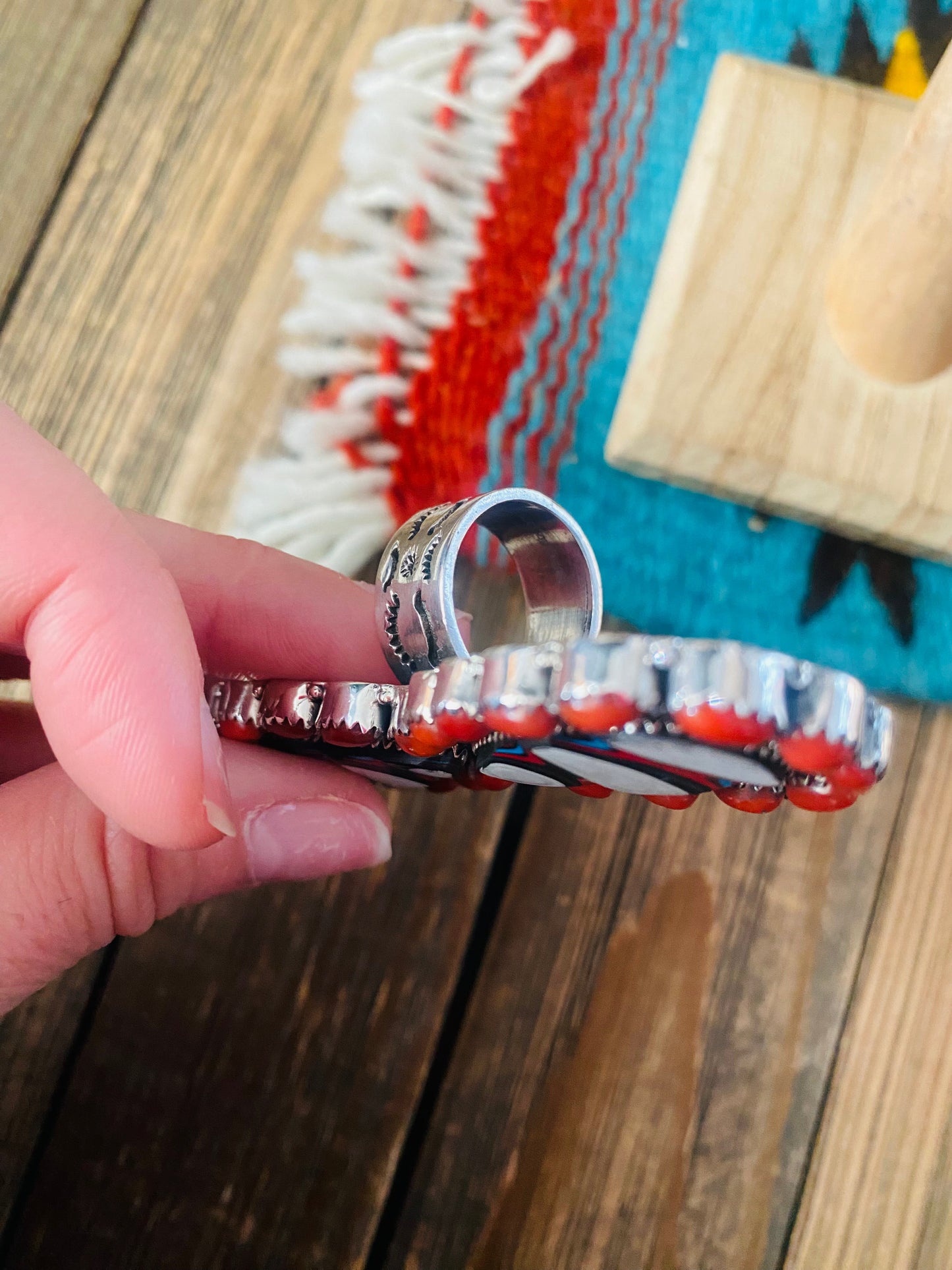 Handmade Sterling Silver, Fordite & Coral Cluster Adjustable Ring