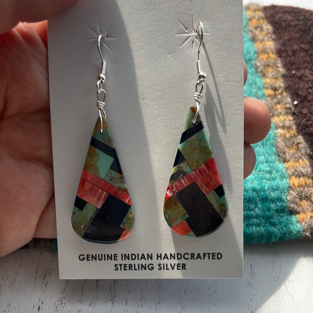 Handcrafted Multi Stone Inlay Dangle Earrings