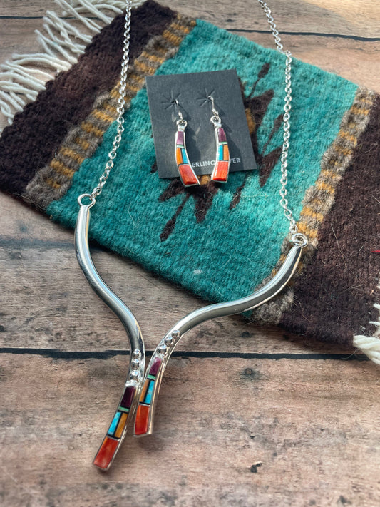 Handcrafted Sterling Silver & Multi Stone Inaly Necklace Earrings Set Signed
