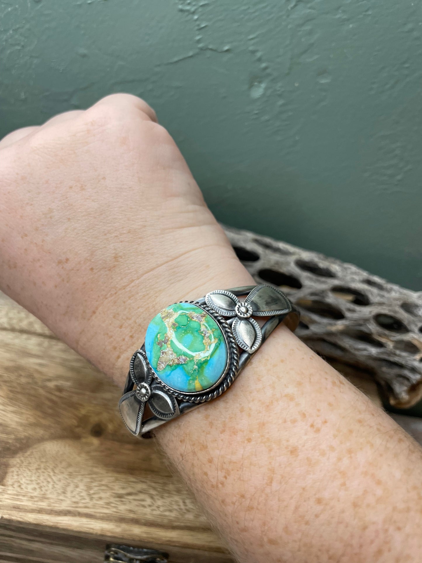 Handcrafted Turquoise And Sterling Silver Handmade Adjustable Cuff By M Spencer