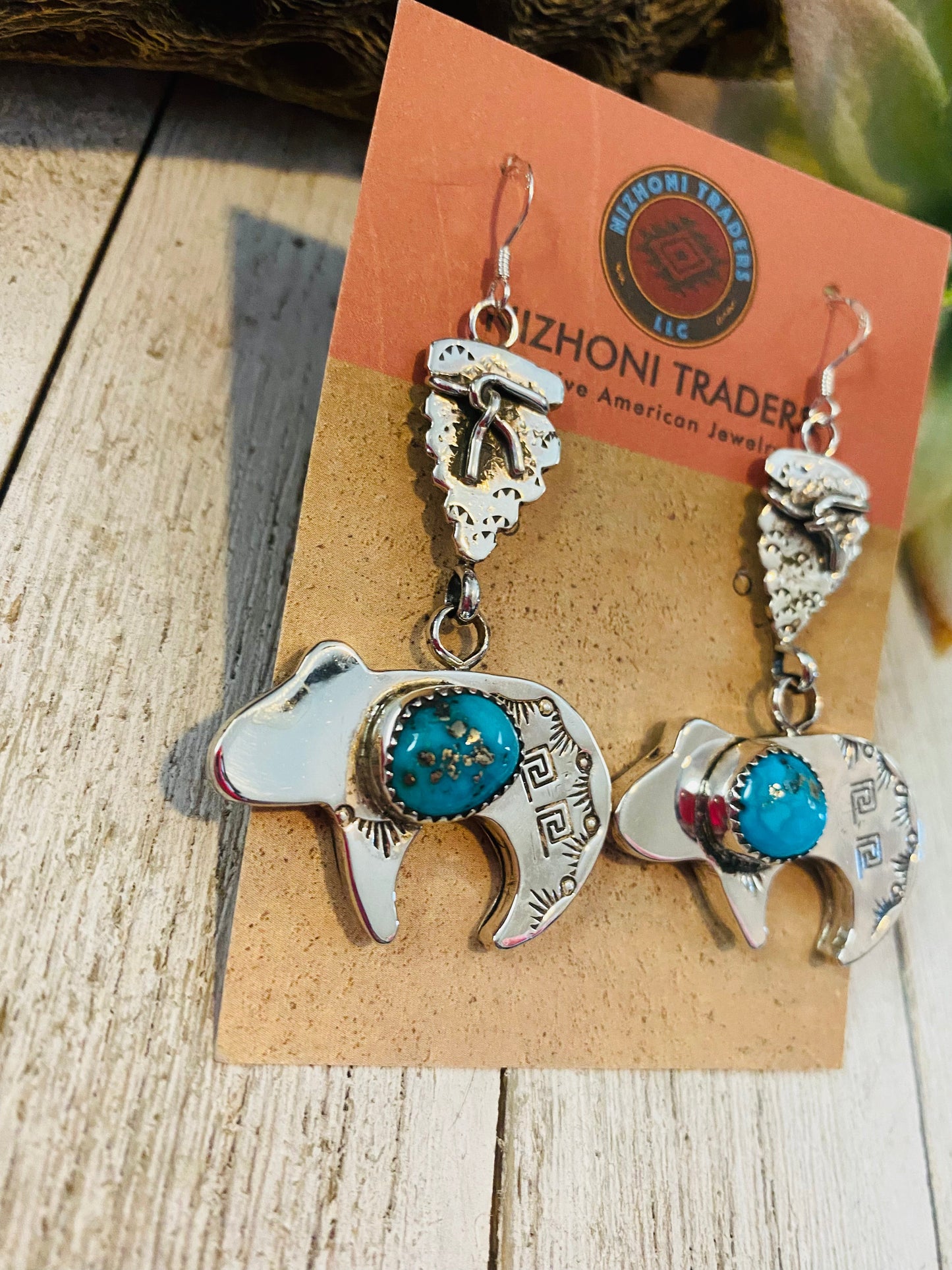 Handcrafted Turquoise & Sterling Silver Fetish Bear Dangle Earrings