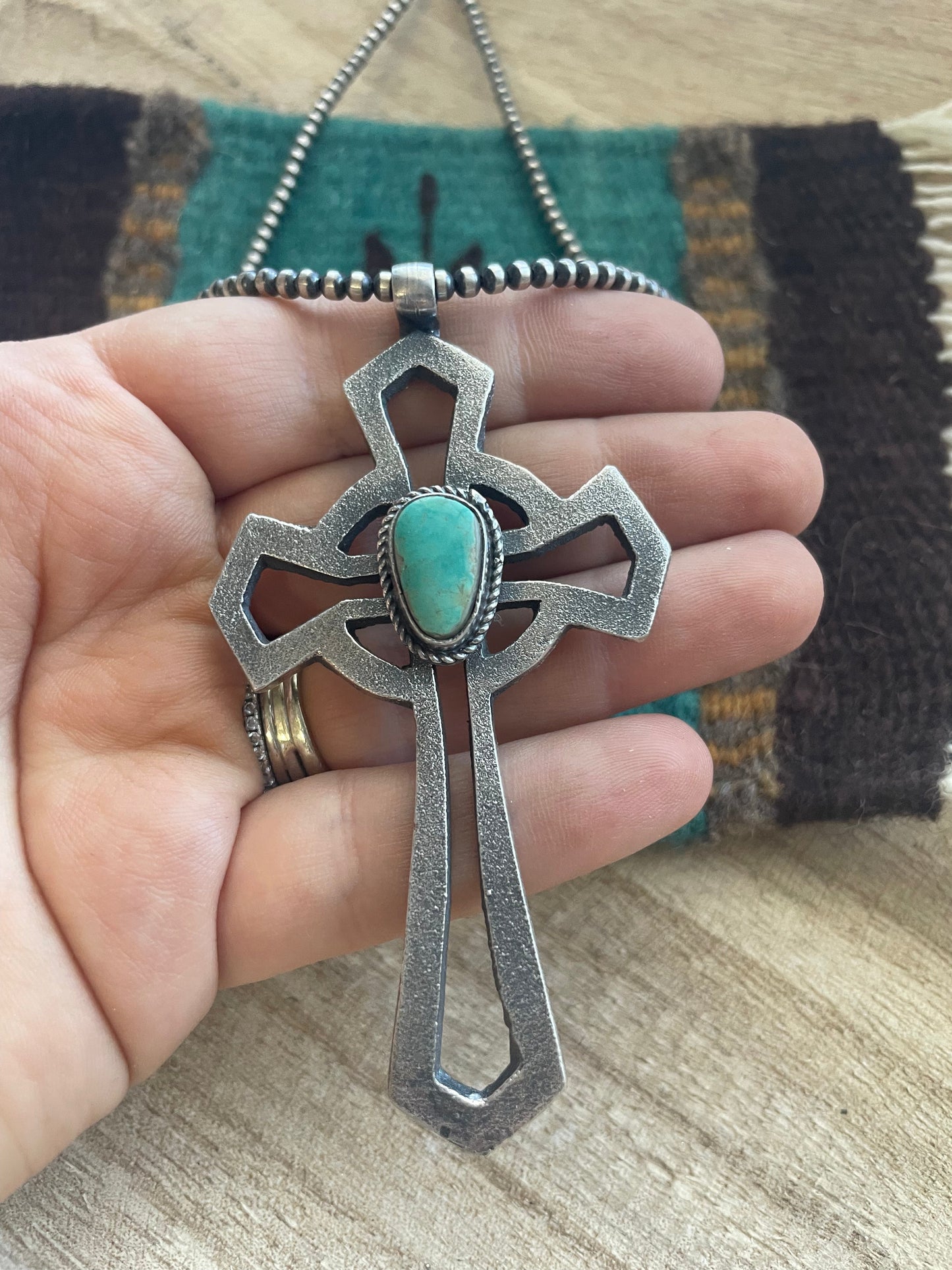 Handcrafted Sterling Silver & Turquoise Cross Pendant Signed Eugene Mitchell