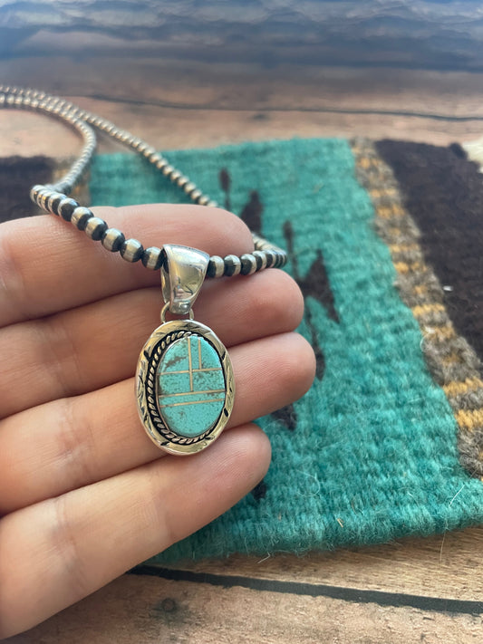 Handcrafted Number 8 Turquoise Inlay & Sterling Silver Pendant