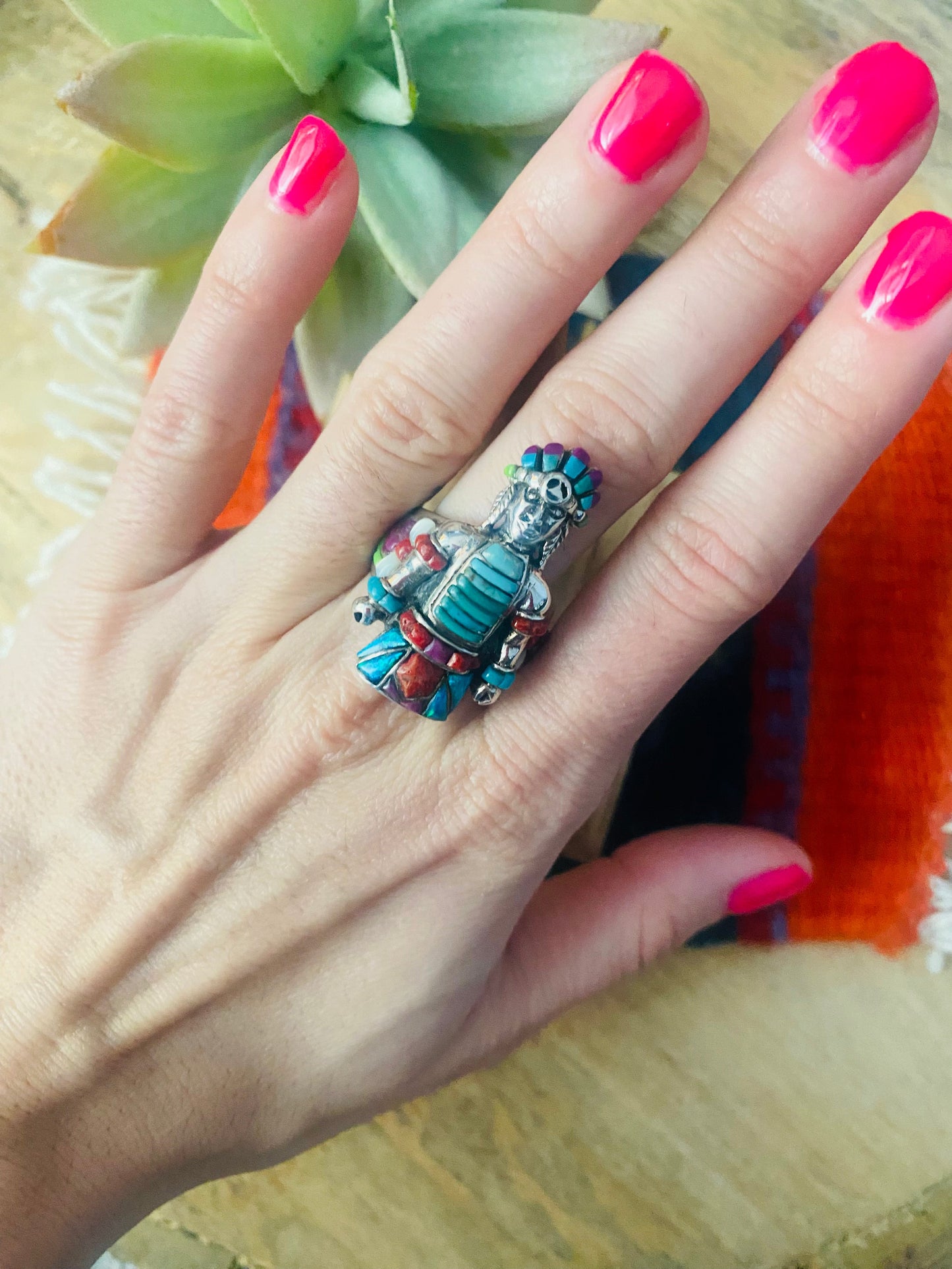 Handmade Sterling Silver & Multi Stone Inlay Indian Chief Ring Size 7.5