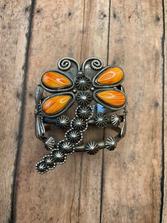 Handcrafted Sterling Silver And Orange Spiny Dragonfly Cuff Bracelet By K Billah