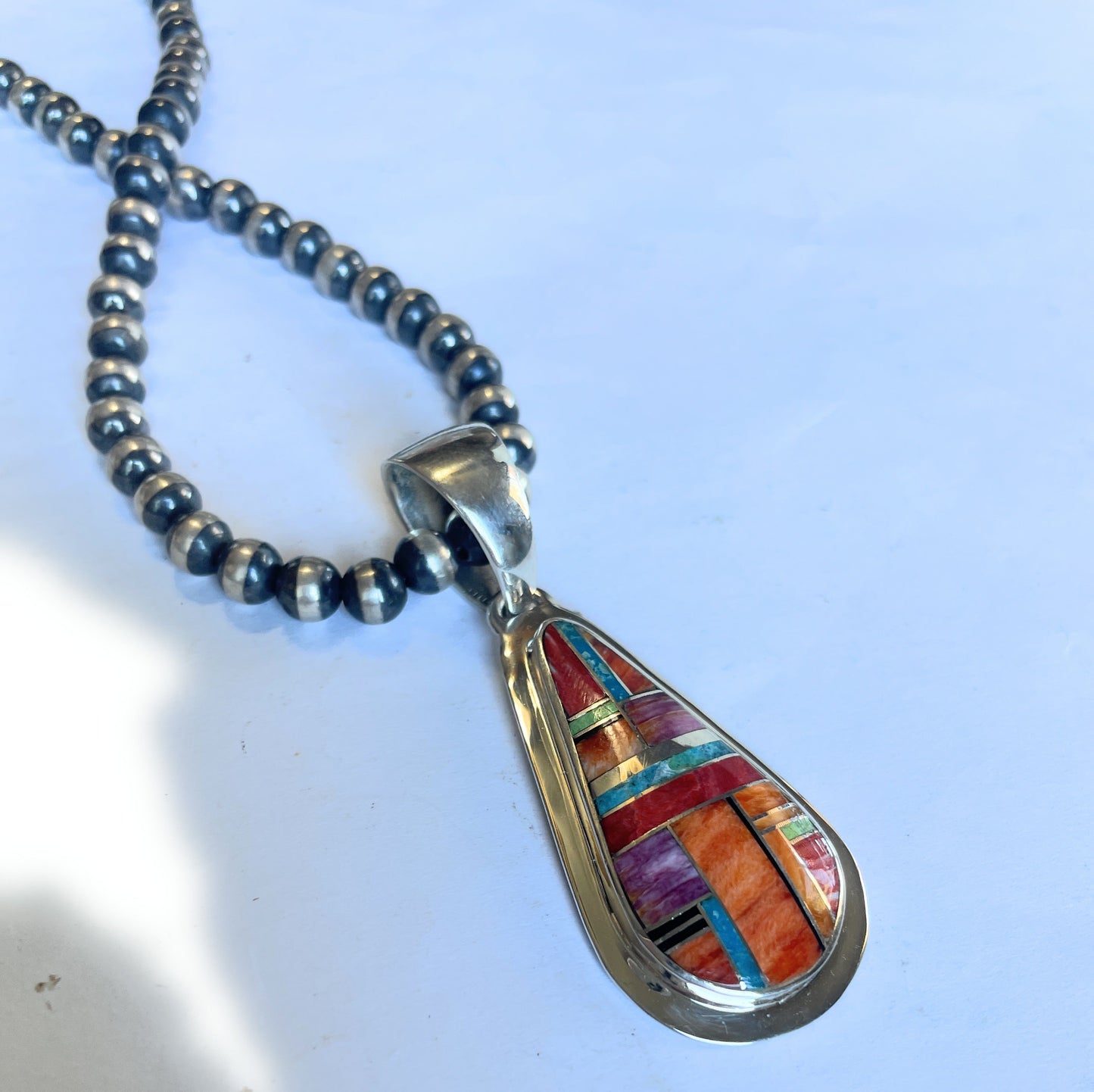 Handcrafted Multi Stone Inlay & Sterling Silver Pendant Signed