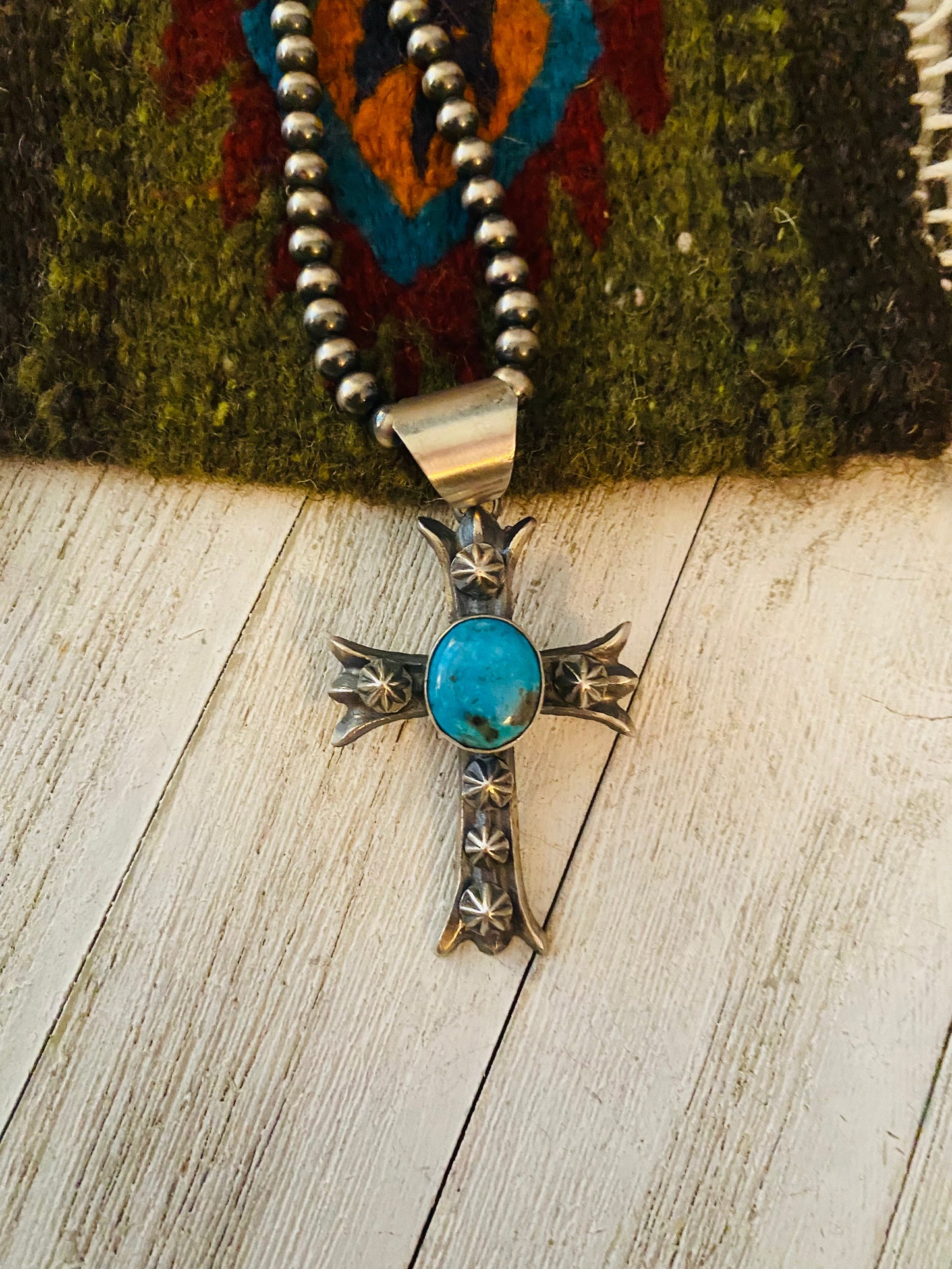 Handcrafted Sterling Silver & Turquoise Cross Pendant By Chimney Butte