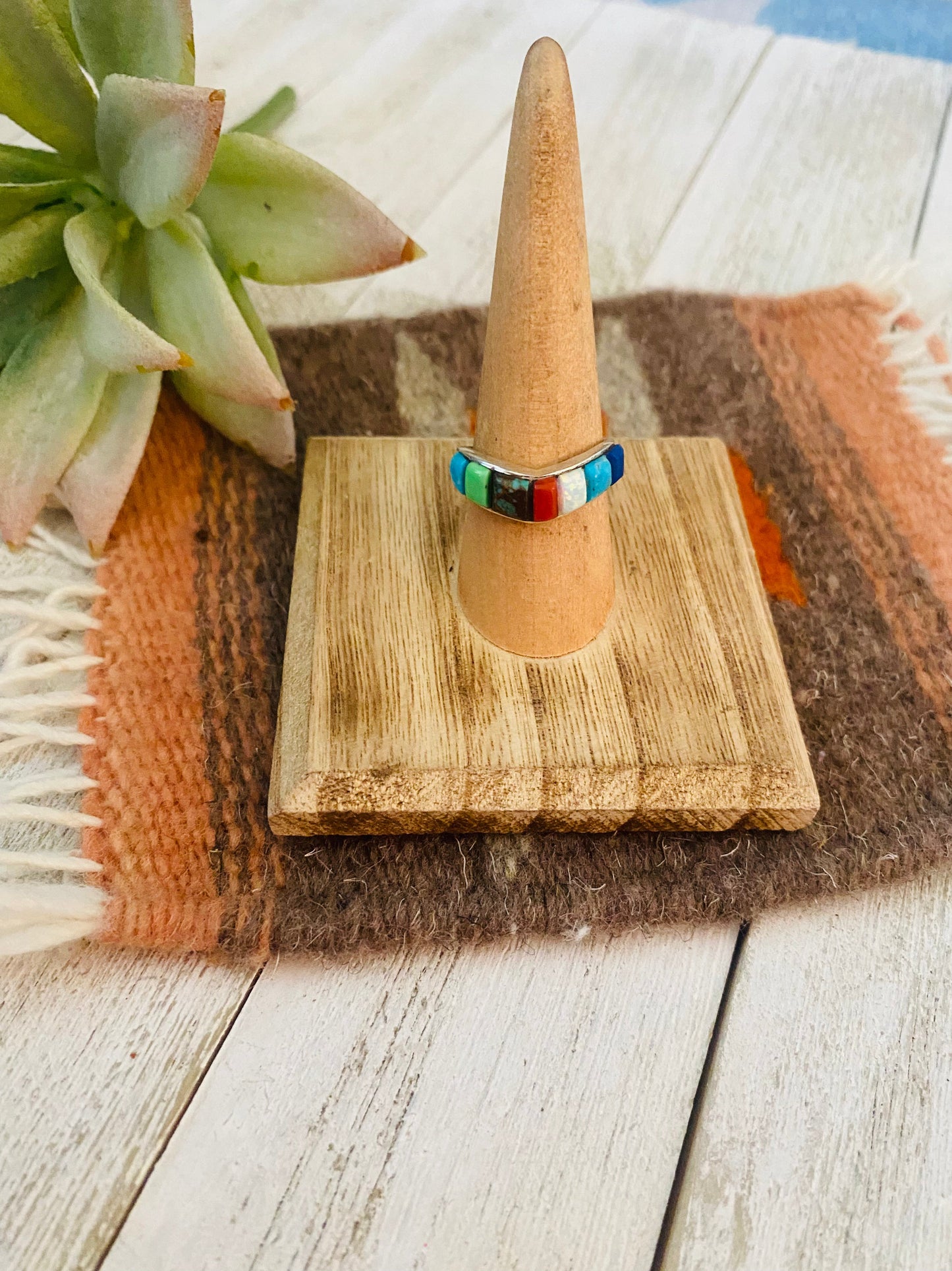 Handcrafted Sterling Silver & Multi Stone Inlay Band Ring Size 7.5