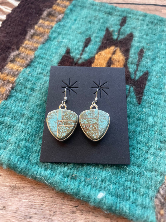 Handcrafted Number 8 Turquoise & Sterling Silver Inlay Dangle Earrings Signed