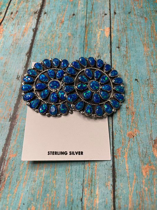 Handcrafted Sterling Silver & Blue Opal Cluster Post Earrings Signed