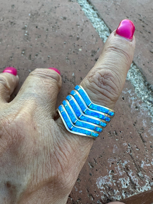 Handcrafted 5 Row Sterling Silver & Blue Opal Inlay Stacker Ring