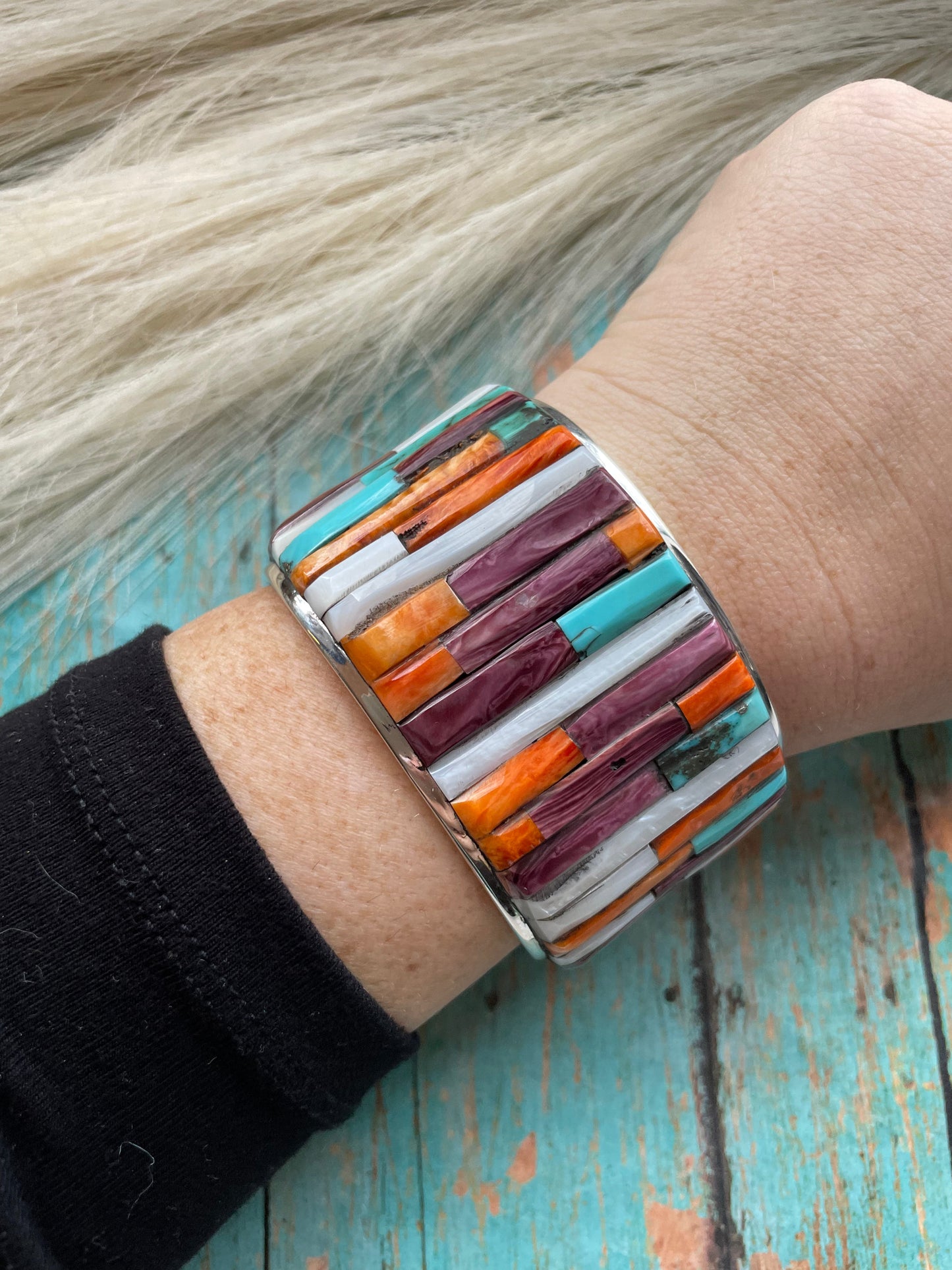 Handcrafted Sterling Silver & Multi Cobblestone Cuff Bracelet Signed