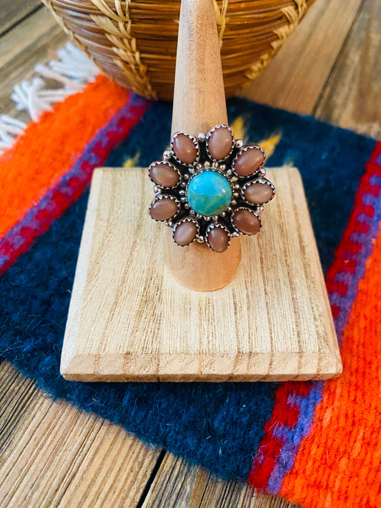 Handmade Sterling Silver, Mother of Pearl & Turquoise Cluster Adjustable Ring