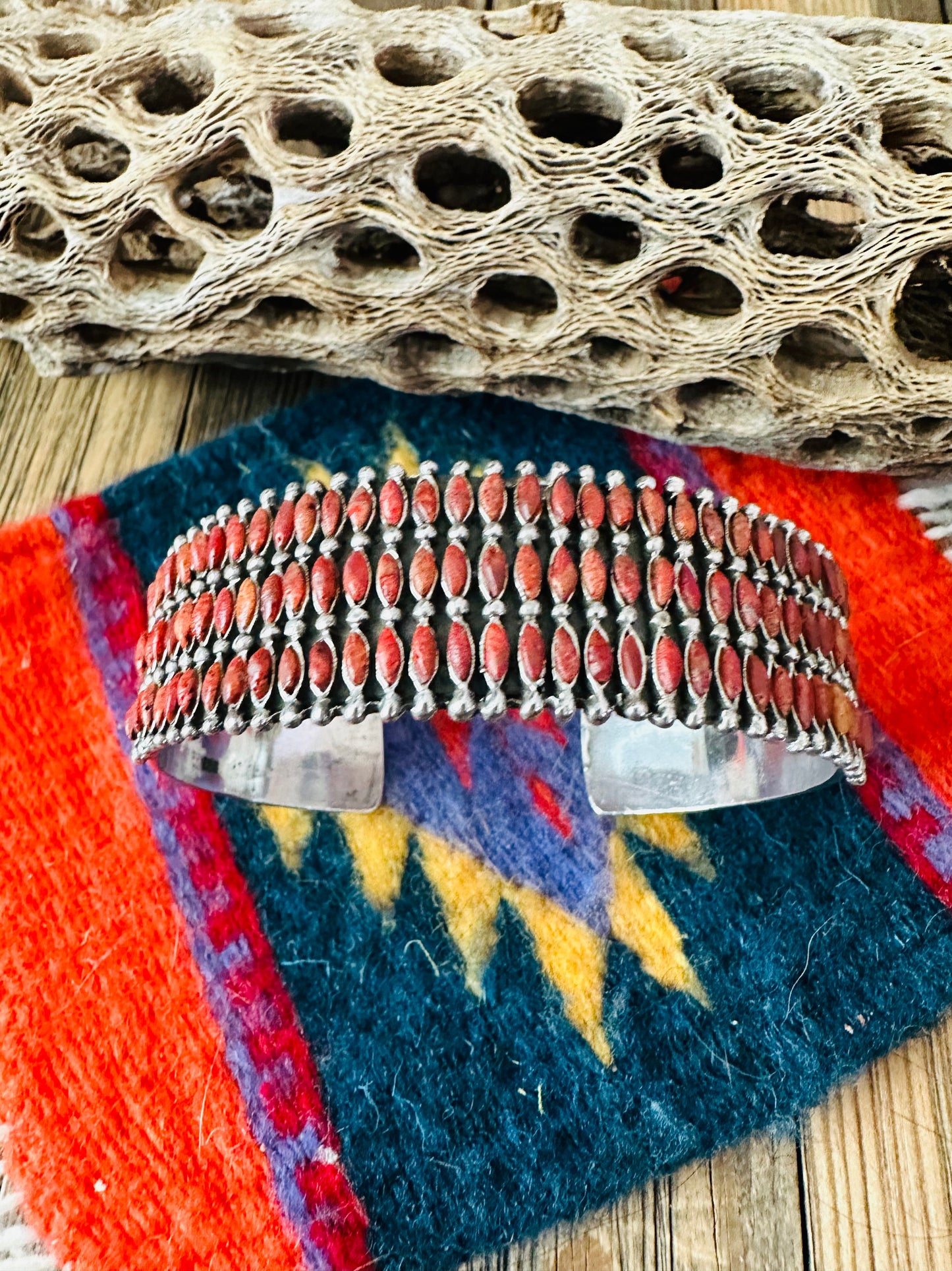 Nizhoni Handmade Sterling Silver & Coral Cuff Bracelet /