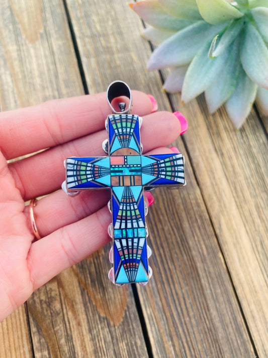 Handcrafted Multi Stone And Sterling Silver Two Sided Inlay Cross Pendant