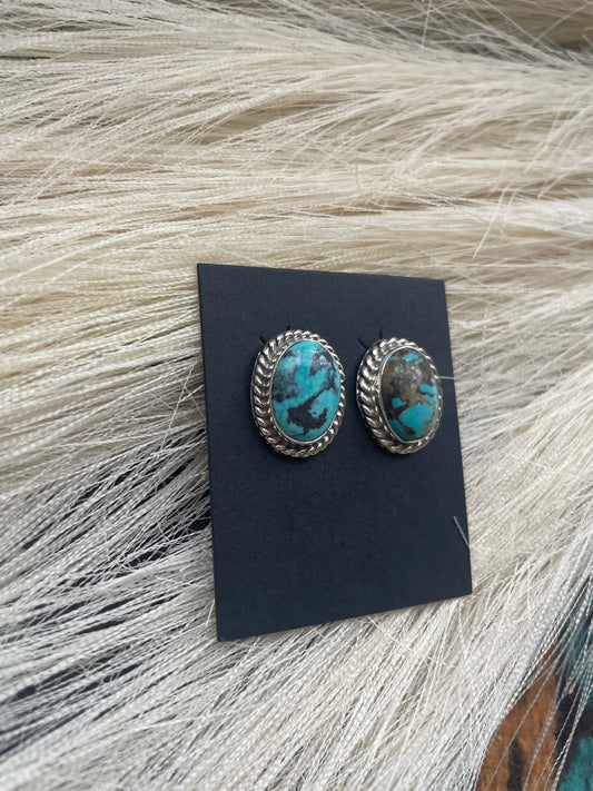 Handcrafted Sterling Silver & Turquoise Stud Earrings Signed M Silversmith