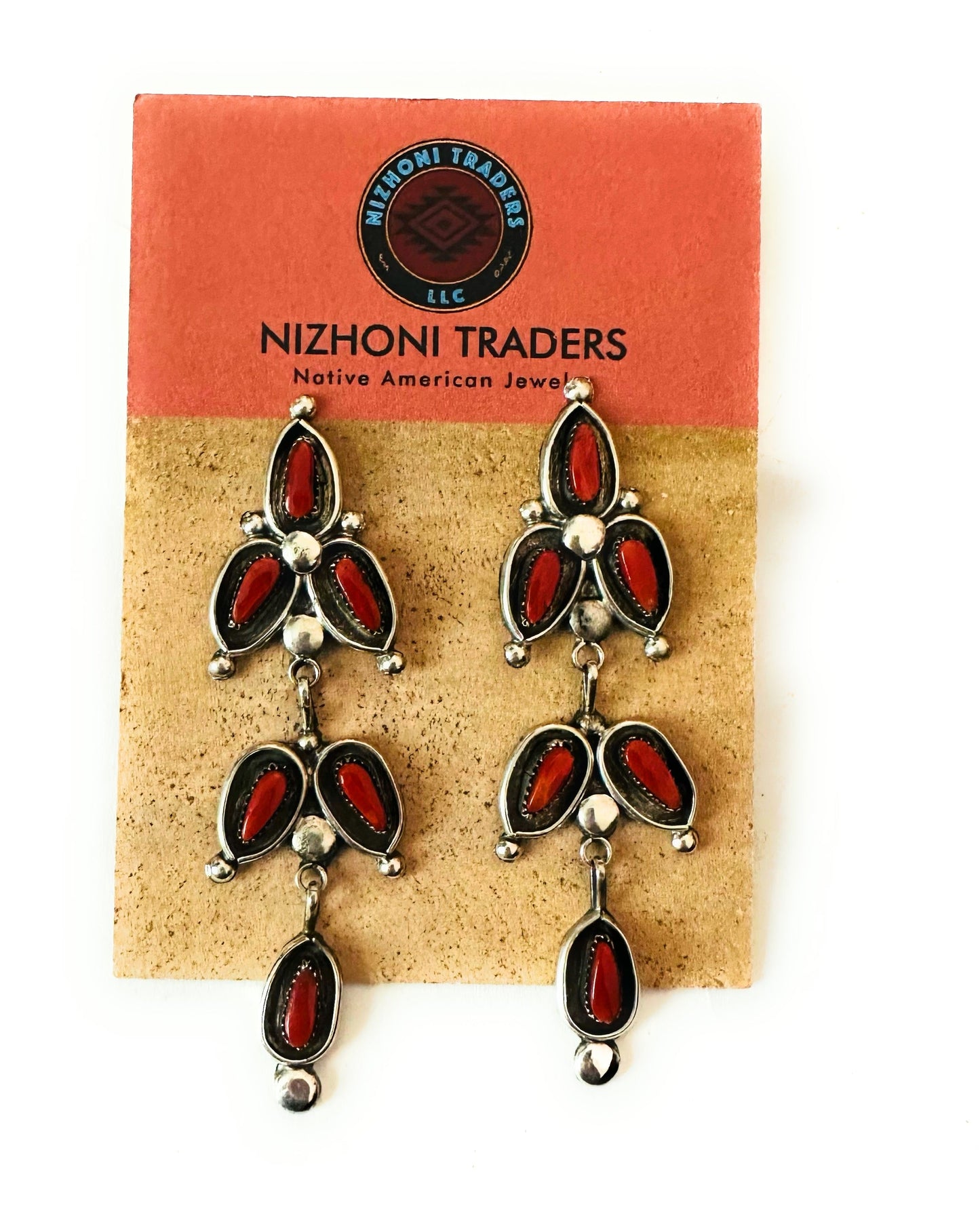 Navajo Coral & Sterling Silver Dangle Earrings