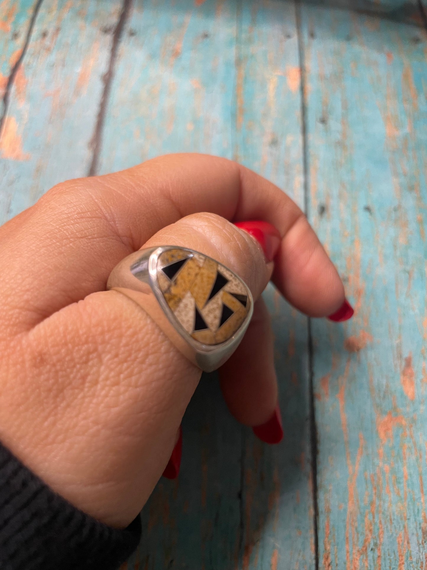 Old Pawn Handcrafted Sterling Silver, Tiger Eye & Onyx Ring Size 10