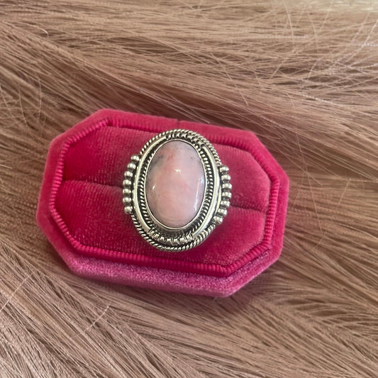 Gorgeous Handcrafted Pink Peruvian Opal And Sterling Silver Adjustable Ring