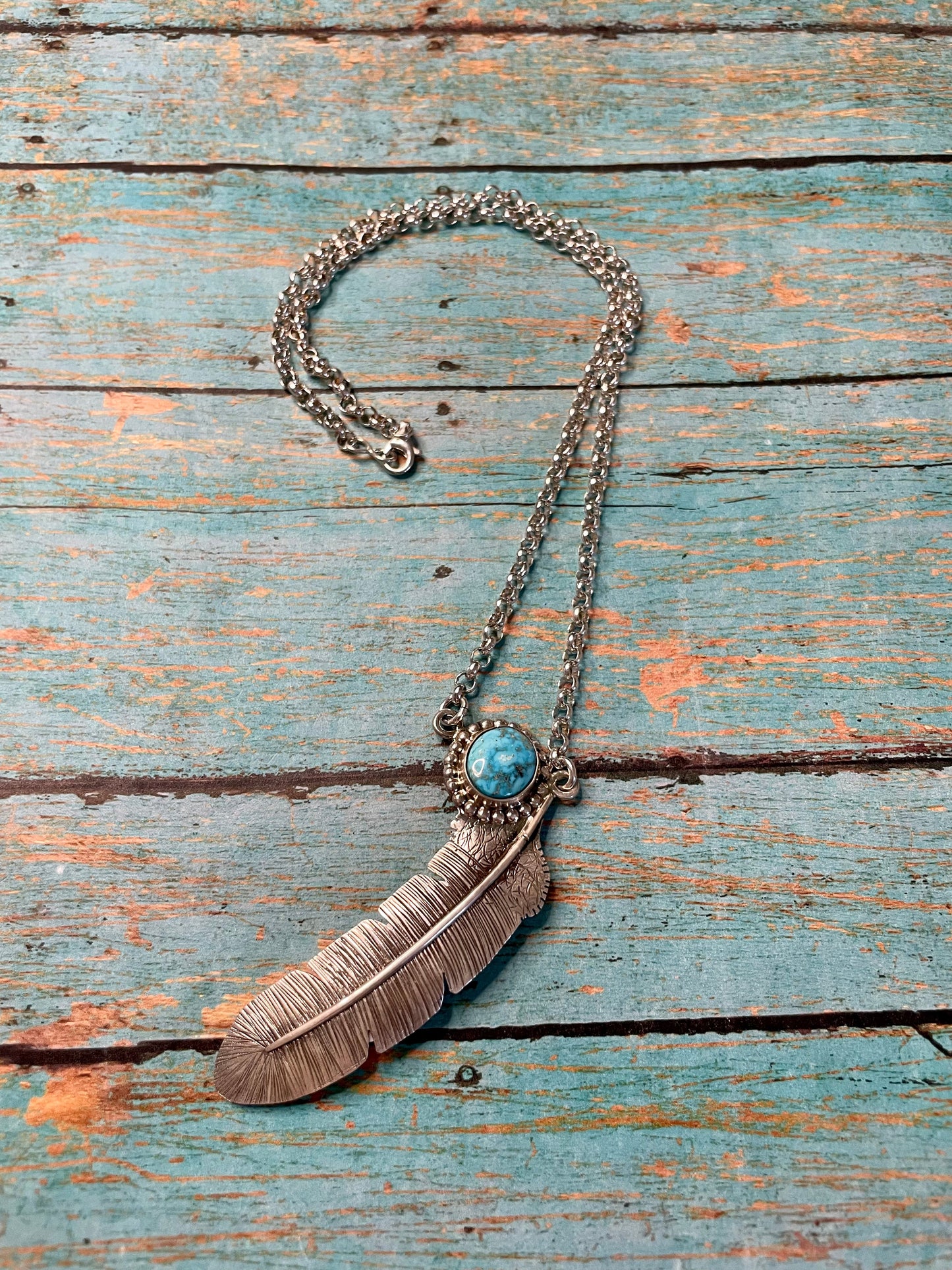 Navajo Sterling Silver And Turquoise Feather Necklace Signed And Stamped