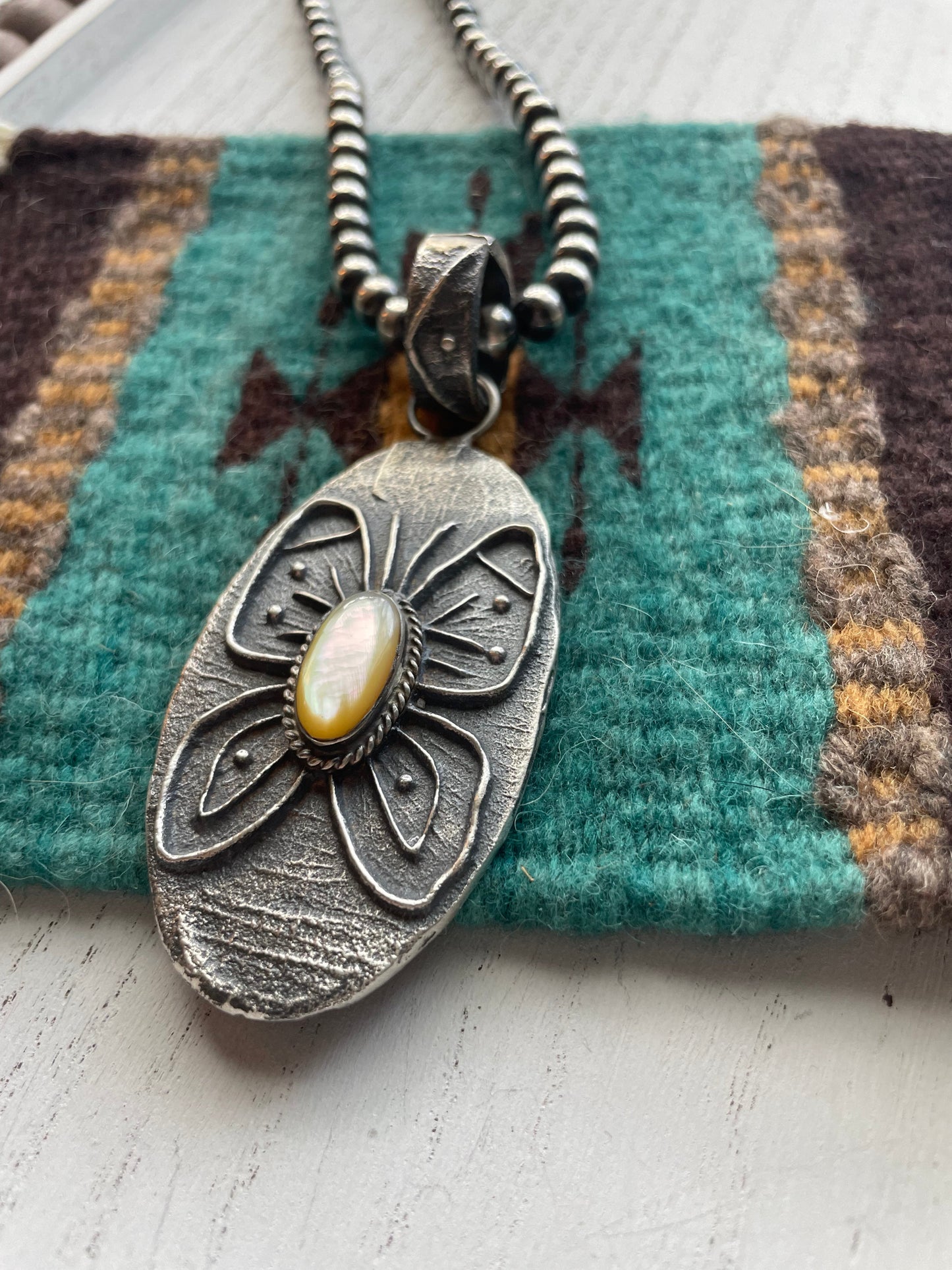 Handcrafted Mother of Pearl & Tufa Cast Butterfly Pendant Signed Wilson Davis