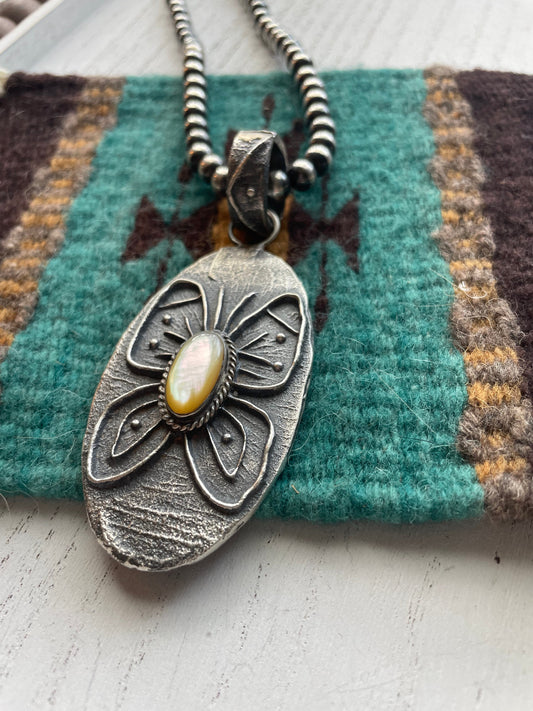 Handcrafted Mother of Pearl & Tufa Cast Butterfly Pendant Signed Wilson Davis