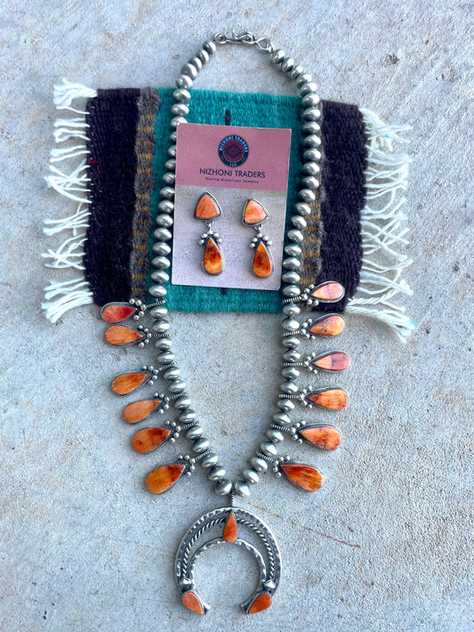 Handcrafted Orange Spiny And Sterling Silver Squash Blossom Necklace & Earrings Set By Selena Warner