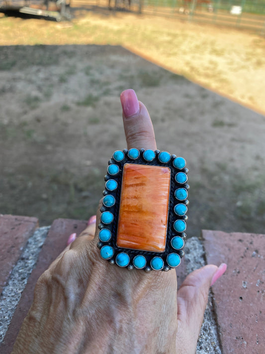 Handcrafted Cluster Turquoise Spiny Oyster Sterling Silver Ring Sz 8