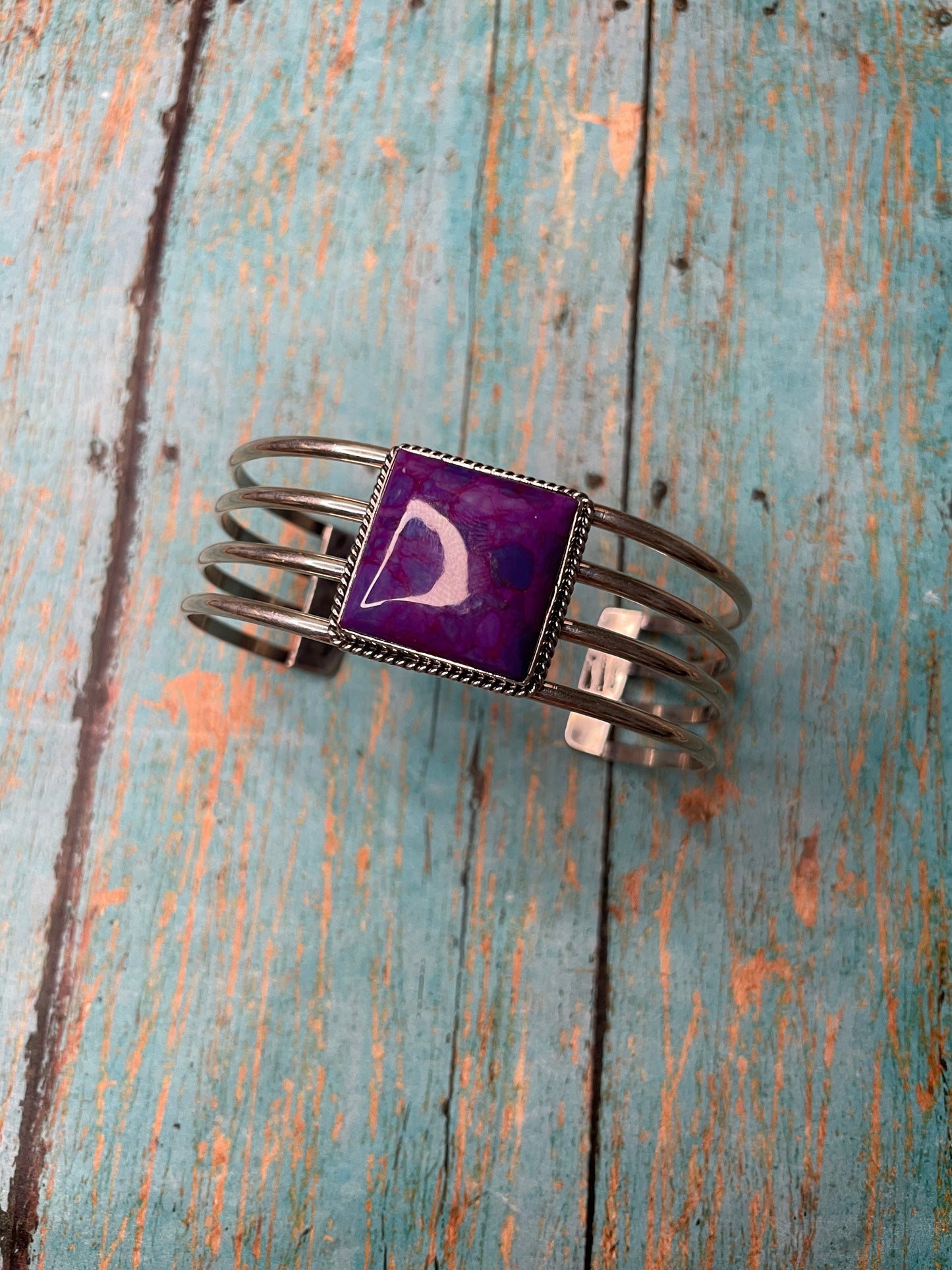 Handcrafted Purple Kingman Turquoise & Sterling Silver Cuff Bracelet Signed