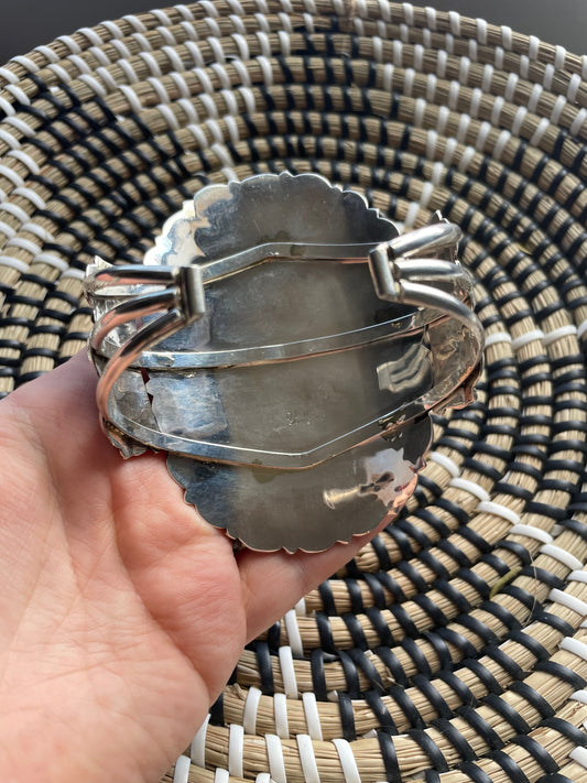 Handcrafted Sterling Silver & Turquoise Statement Cuff Bracelet Signed /
