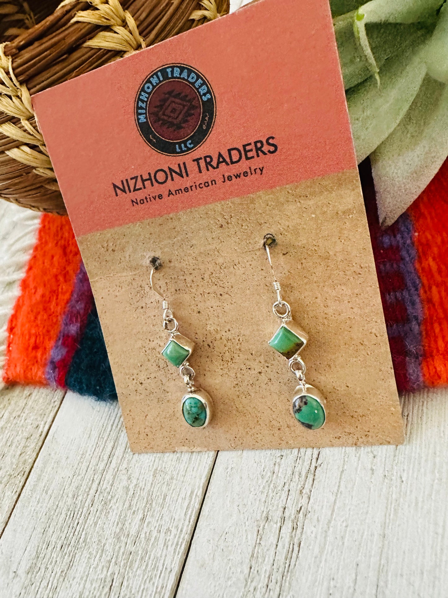 Navajo Turquoise & Sterling Silver Two Stone Dangle Earrings