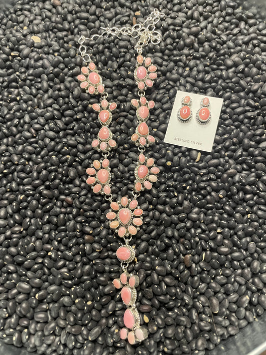 Handcrafted Queen Pink Conch Shell And Sterling Silver Necklace Earrings Set By Sheila Becenti