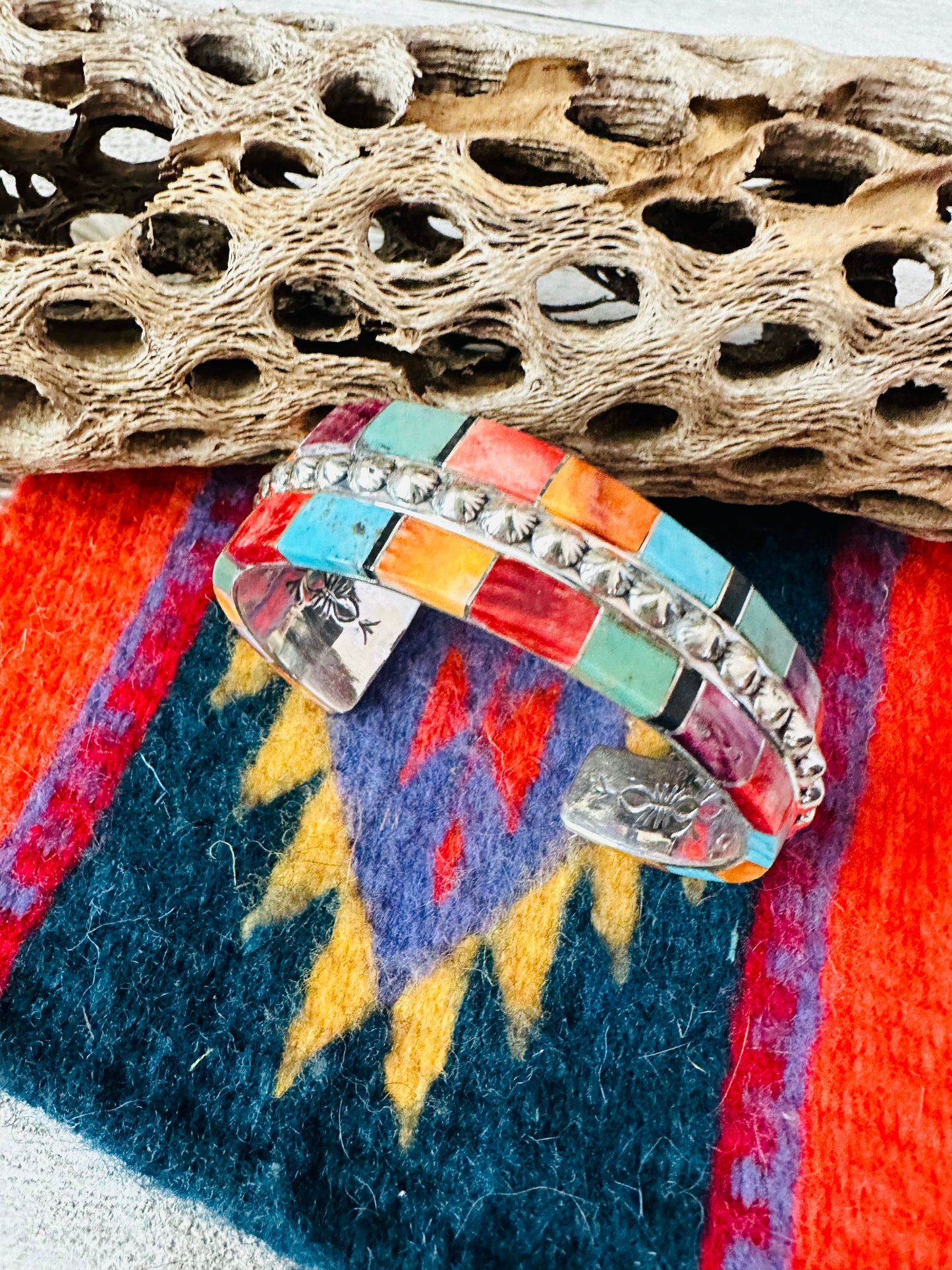 Handcrafted Multi Stone & Sterling Silver Inlay Cuff Bracelet